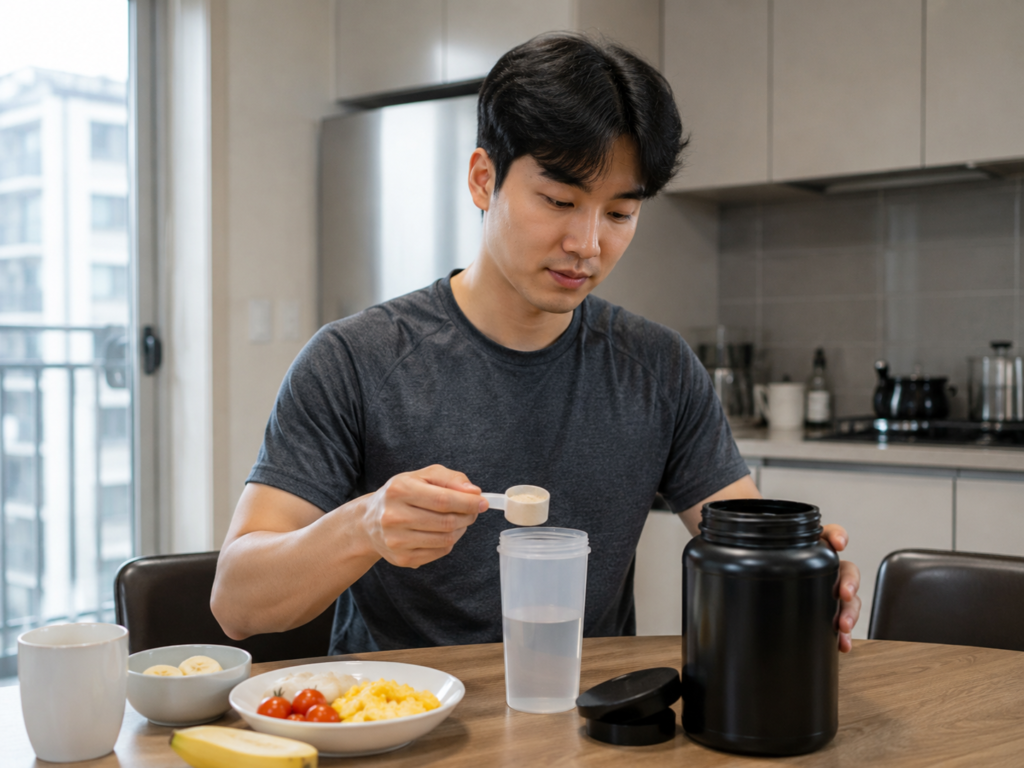 한국인 직장인이 바나나와 물이 든 쉐이커컵과 함께 단백질 보충제를 준비하는 아침 식사 모습