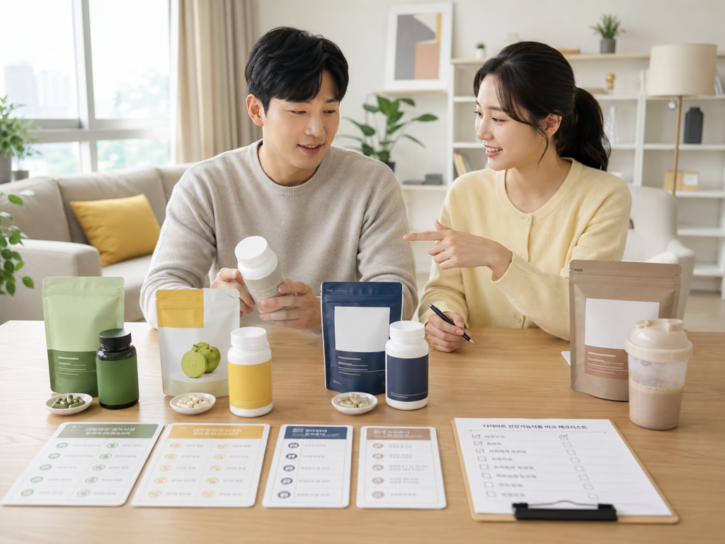 부작용 걱정 줄이는 다이어트 건강기능식품 선택법 7가지, 광고보다 성분을 먼저 봐야 하는 이유 3 한국인 남녀가 가르시니아 녹차추출물 프로바이오틱스 등 다이어트 건강기능식품을 비교 분석하는 모습