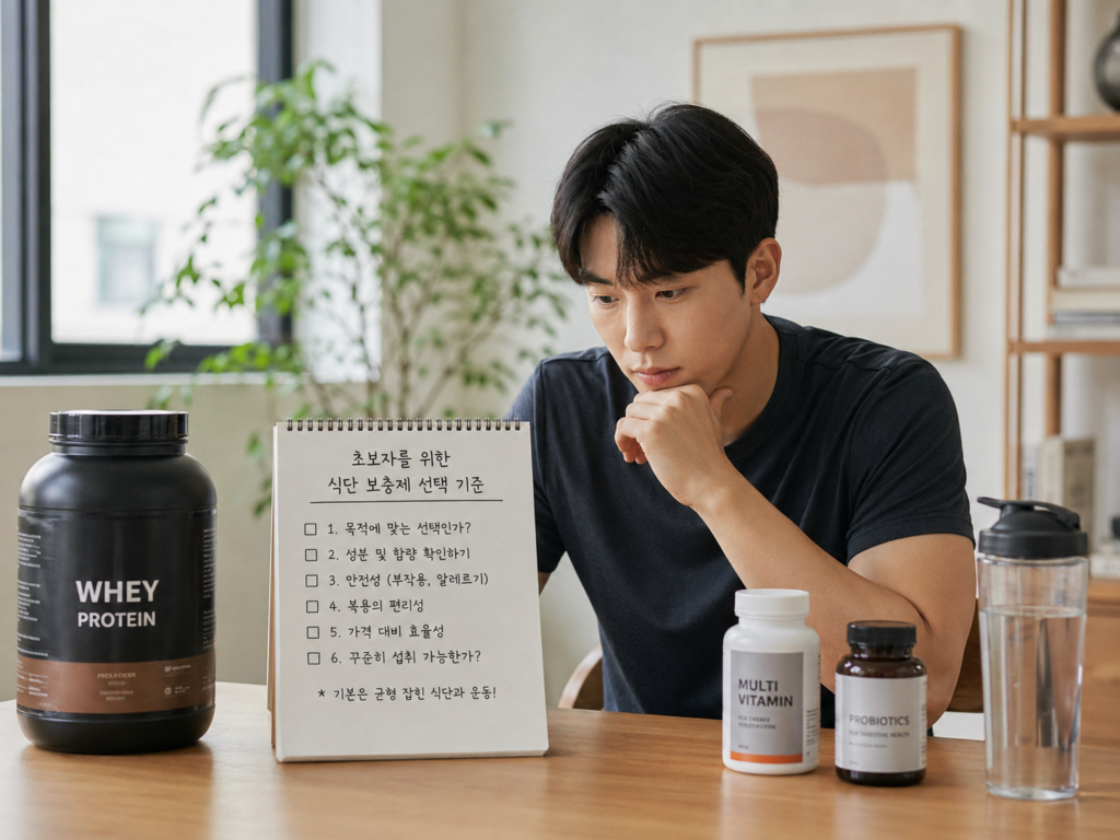 한국인 헬스 초보가 다이어트 보충제 선택 기준을 체크리스트로 정리하는 모습