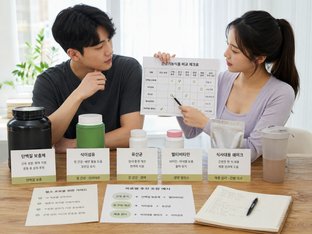 한국인 남녀가 단백질 보충제 유산균 비타민 식사대용 쉐이크를 비교 분석하는 모습
