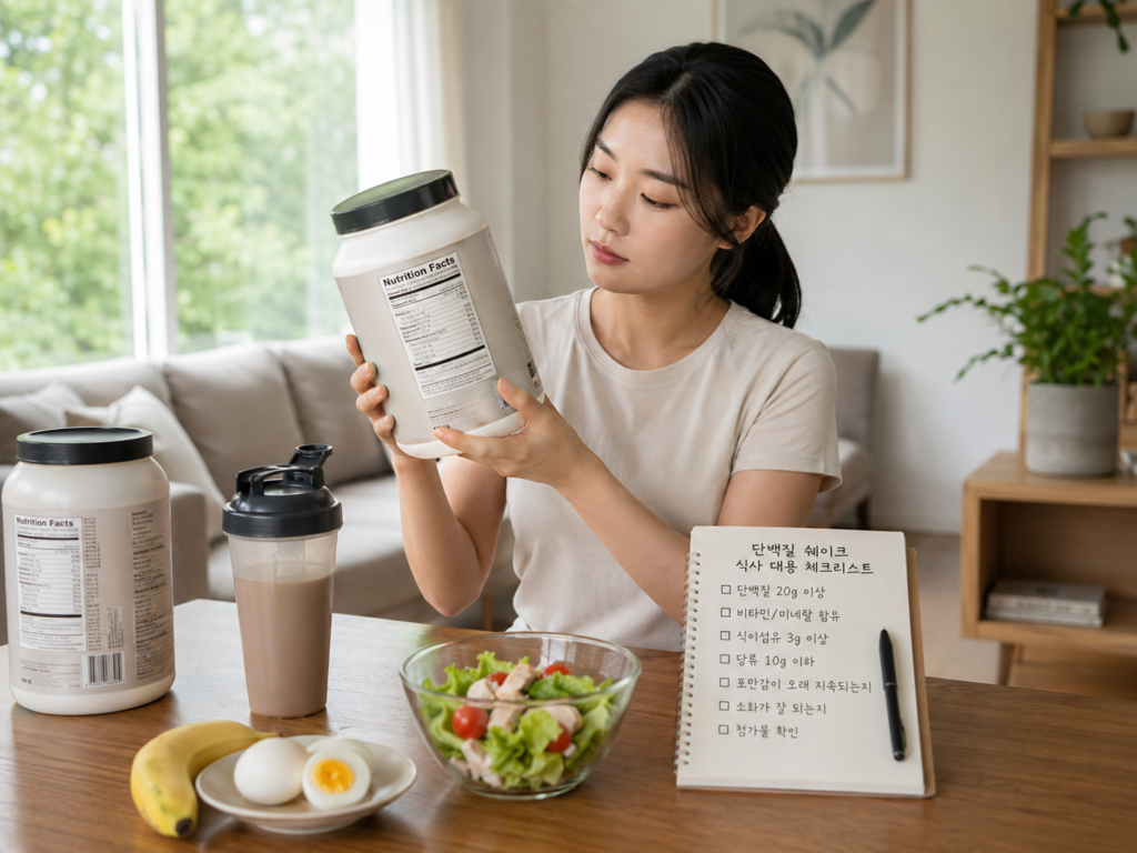 한국인 여성이 단백질 쉐이크 영양성분표를 확인하며 식사대용 기준을 체크하는 모습