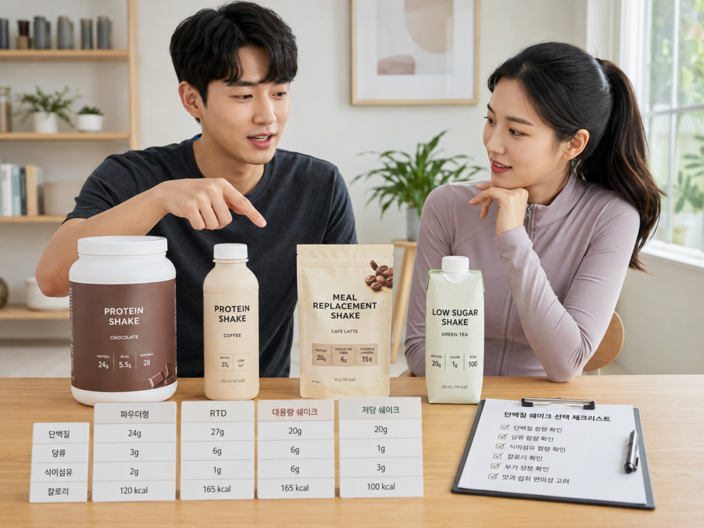한국인 남녀가 단백질 쉐이크 식사대용 제품의 단백질 당류 식이섬유를 비교하는 모습