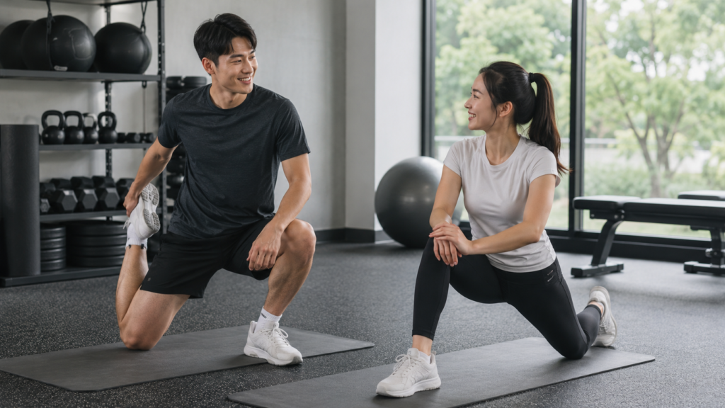 다이어트 중 마그네슘을 같이 찾는 5가지 이유, 진짜 필요한 사람은 따로 있어요 3 다이어트 중 운동 후 회복을 위해 스트레칭하는 한국인 남녀의 헬스장 이미지