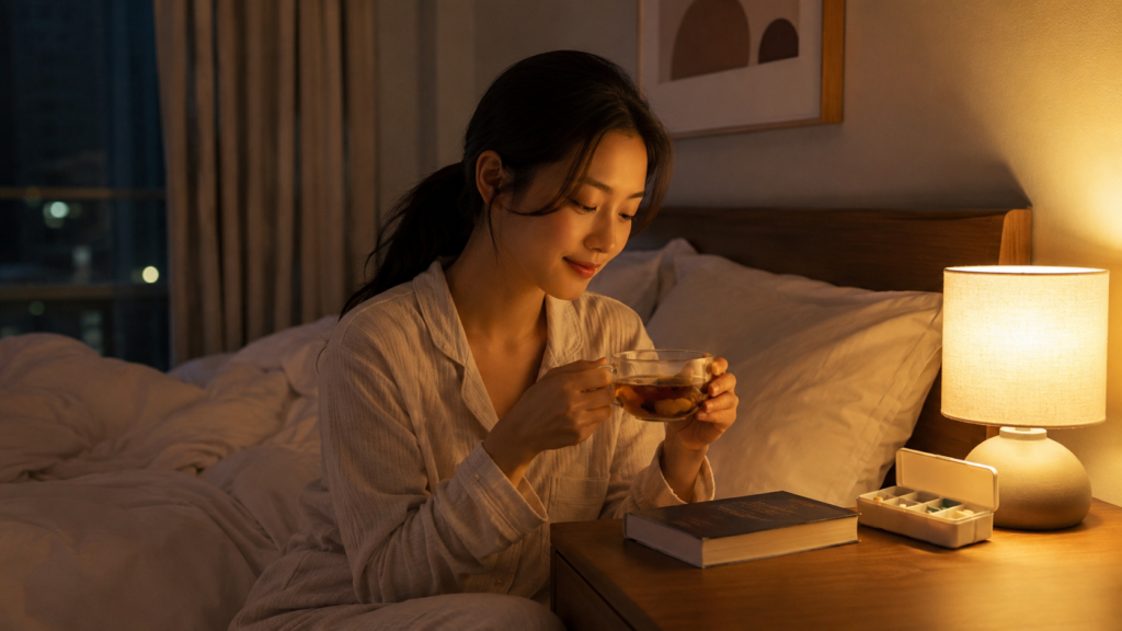 다이어트 중 마그네슘을 같이 찾는 5가지 이유, 진짜 필요한 사람은 따로 있어요 4 수면의 질과 다이어트 회복을 표현한 한국인 여성의 저녁 침실 이미지