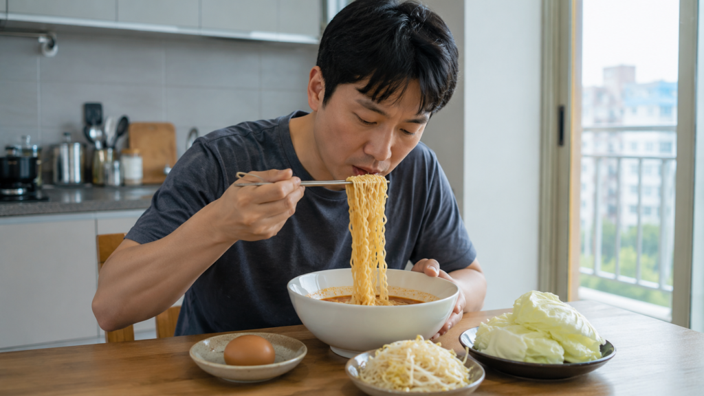 한국인 남성이 국물을 남긴 라면과 삶은 달걀 숙주 양배추를 곁들여 식사하는 모습