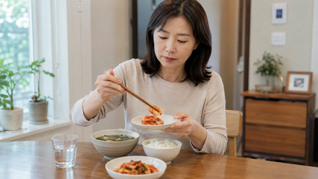 고혈압 관리 중인 한국인 여성이 식탁에서 김치 섭취량을 조절하는 건강 블로그 썸네일