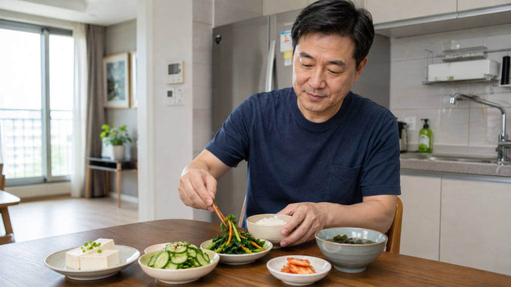 한국인 남성이 김치와 함께 두부와 채소 반찬을 준비하며 저염 식단을 실천하는 장면