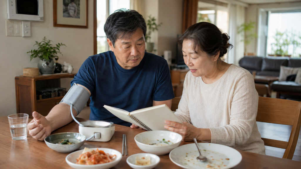 한국인 중년 부부가 식사 후 혈압을 측정하며 김치 섭취를 포함한 건강 관리를 기록하는 장면