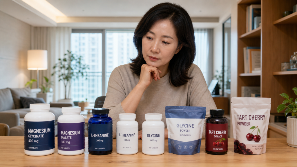 갱년기 불면증 관리에 도움이 되는 마그네슘 엘테아닌 글리신 타트체리 제품 비교 이미지