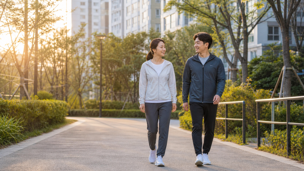 한국인 남녀가 식후 혈당 관리를 위해 아파트 단지 산책로를 걷는 모습