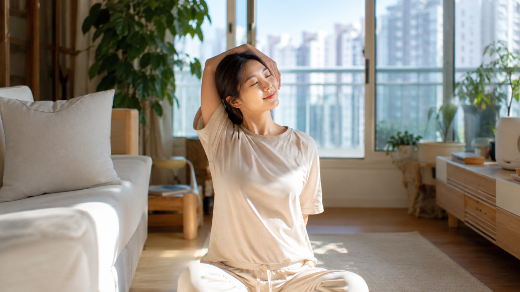 한국인 직장인이 아침 거실에서 목과 어깨 스트레칭을 하는 모습