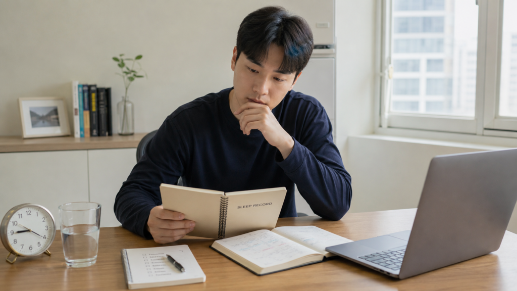 한국인 직장인이 홈오피스에서 수면기록 노트와 일정표를 보며 브레인포그 원인을 점검하는 모습