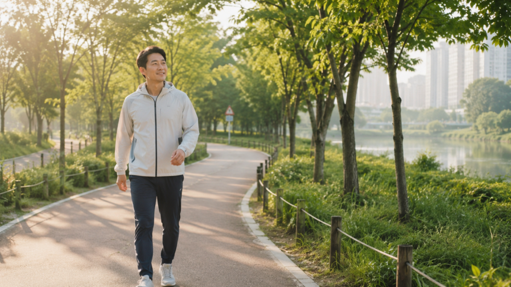 한국인 직장인이 이른 아침 공원 산책로를 걸으며 브레인포그 회복을 위한 생활습관을 실천하는 모습
