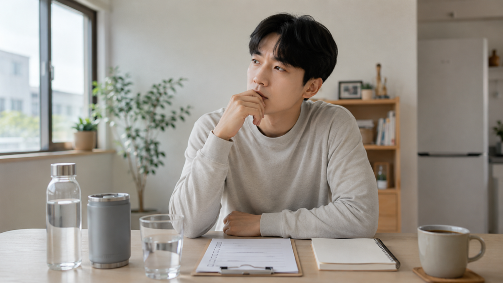 물을 많이 마셔도 갈증 나는 이유 5가지, 그냥 넘기면 안 되는 신호까지 정리 2 한국인 남성이 홈오피스에서 물컵과 메모를 앞에 두고 계속되는 갈증 원인을 점검하는 모습