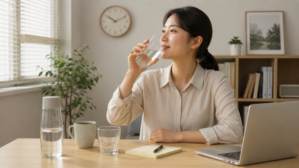 물을 많이 마셔도 갈증 나는 이유 5가지, 그냥 넘기면 안 되는 신호까지 정리 3 한국인 여성이 책상에서 커피 대신 물을 마시며 갈증 완화를 위한 생활습관을 실천하는 모습
