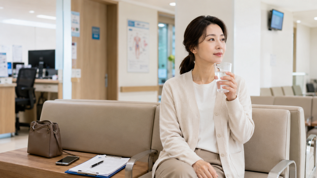 물을 많이 마셔도 갈증 나는 이유 5가지, 그냥 넘기면 안 되는 신호까지 정리 4 한국인 여성이 병원 대기실에서 물컵을 들고 계속되는 갈증과 건강 상태를 확인하려는 모습