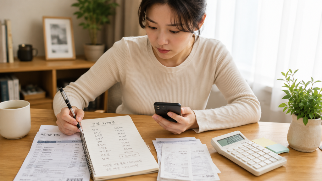 월급날 전 카드값 막막할 때, 리볼빙 대신 먼저 확인할 5가지 현실 대안 2 한국인 직장인 여성이 가계부 노트와 카드 명세서, 스마트폰 가계부 앱으로 지출을 정리하는 모습