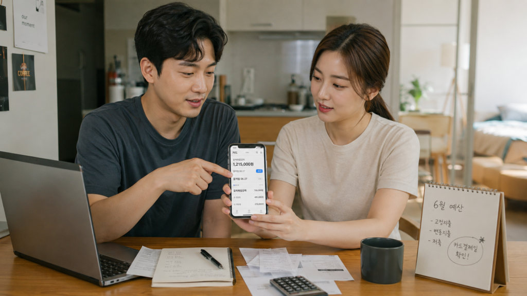 월급날 전 카드값 막막할 때, 리볼빙 대신 먼저 확인할 5가지 현실 대안 3 한국인 직장인 남녀가 카드 결제일과 예산을 확인하며 해결책을 상의하는 장면