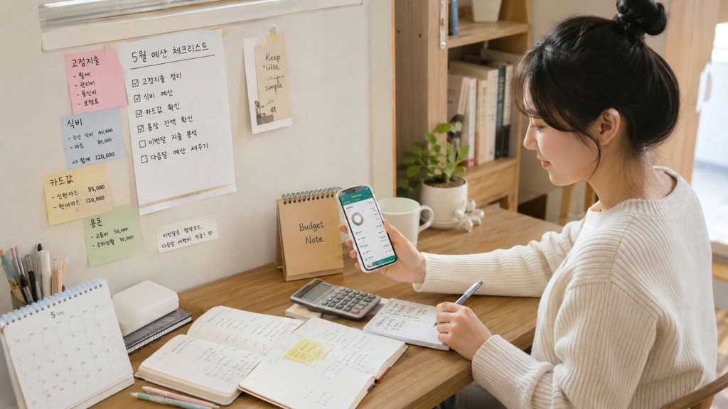 월급날 전 카드값 막막할 때, 리볼빙 대신 먼저 확인할 5가지 현실 대안 4 한국인 여성이 고정지출 식비 카드값 메모를 보며 월말 예산을 정리하는 모습