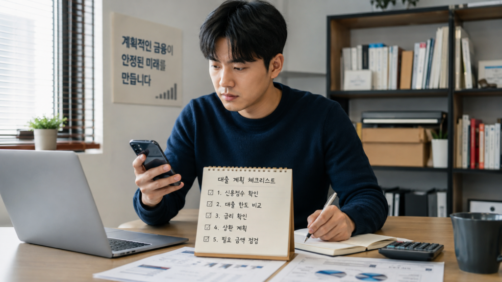 한국인 직장인이 노트북과 스마트폰으로 신용점수와 대출 한도 체크리스트를 정리하는 모습