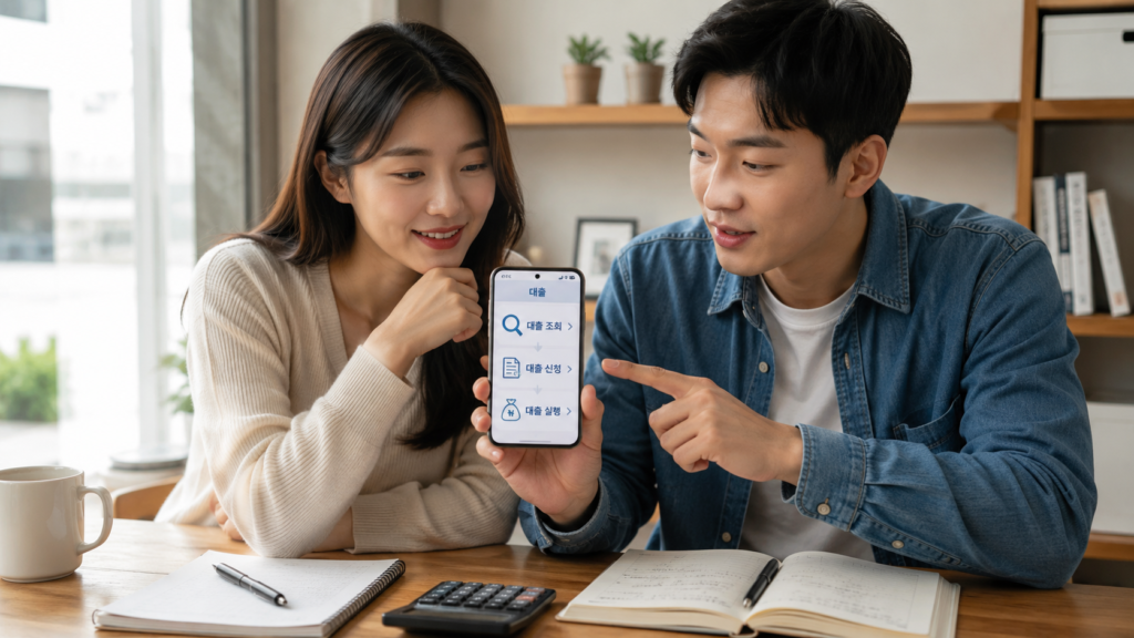 한국인 남녀가 스마트폰으로 비상금대출 조회 신청 실행 화면을 비교하는 장면