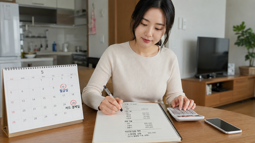 한국인 여성이 가계부와 달력을 보며 비상금대출 상환 계획을 세우는 모습