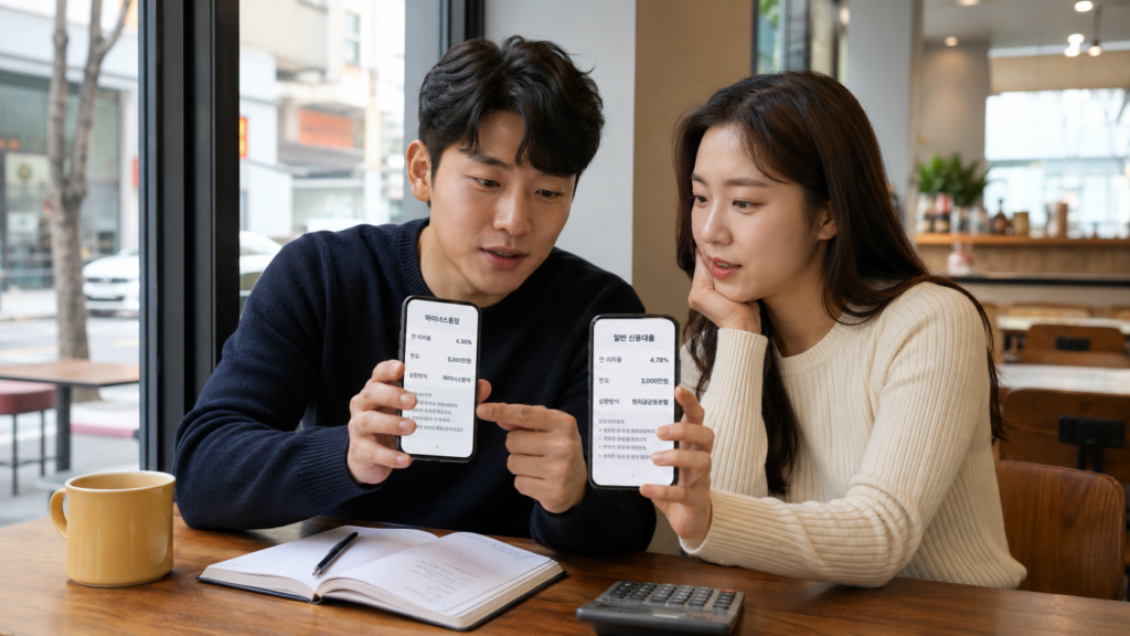마이너스통장 만들기 전, 한도보다 먼저 봐야 할 5가지 현실 체크 3 한국인 남녀가 카페에서 마이너스통장과 일반 신용대출 조건을 스마트폰으로 비교하는 장면