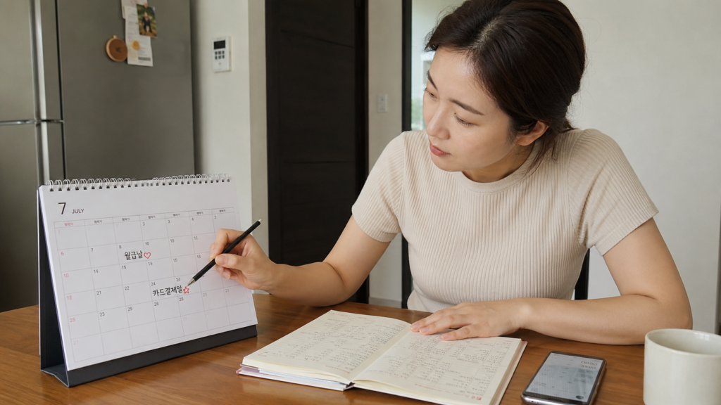 마이너스통장 만들기 전, 한도보다 먼저 봐야 할 5가지 현실 체크 4 한국인 여성이 월급일과 카드 결제일을 확인하며 마이너스통장 사용 계획을 세우는 모습