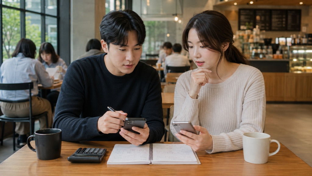 한국인 남녀가 카페에서 대출 유지와 중도상환 중 어떤 것이 유리한지 비교하는 장면