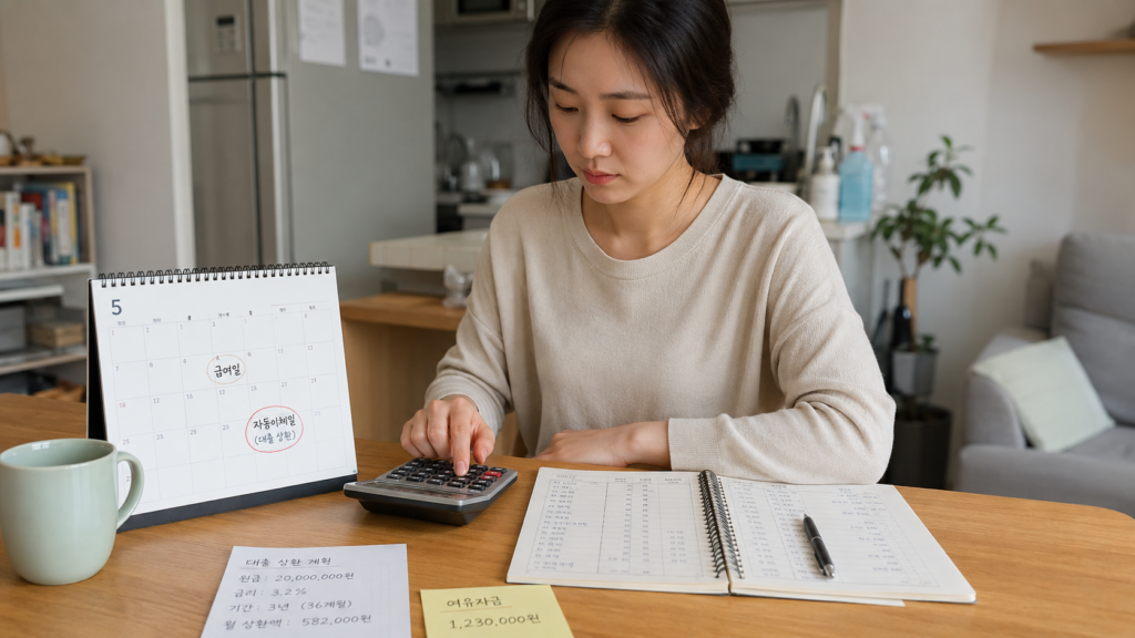 한국인 여성이 달력과 가계부를 보며 여유자금과 대출 중도상환 계획을 계산하는 모습