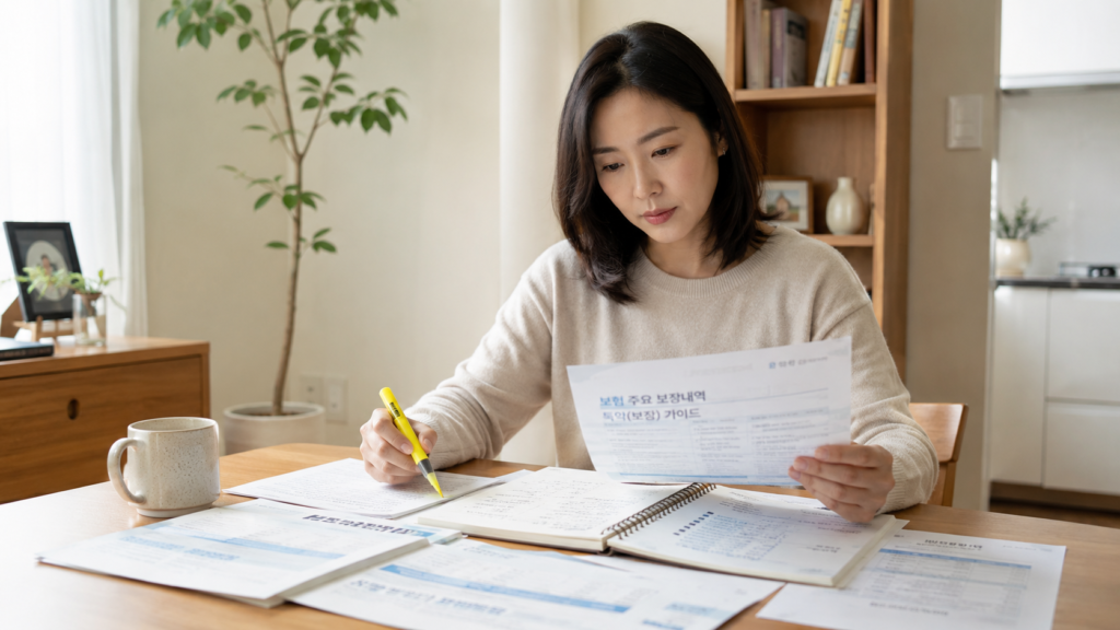 보험 보장 항목과 특약을 체크리스트로 점검하는 한국인 여성