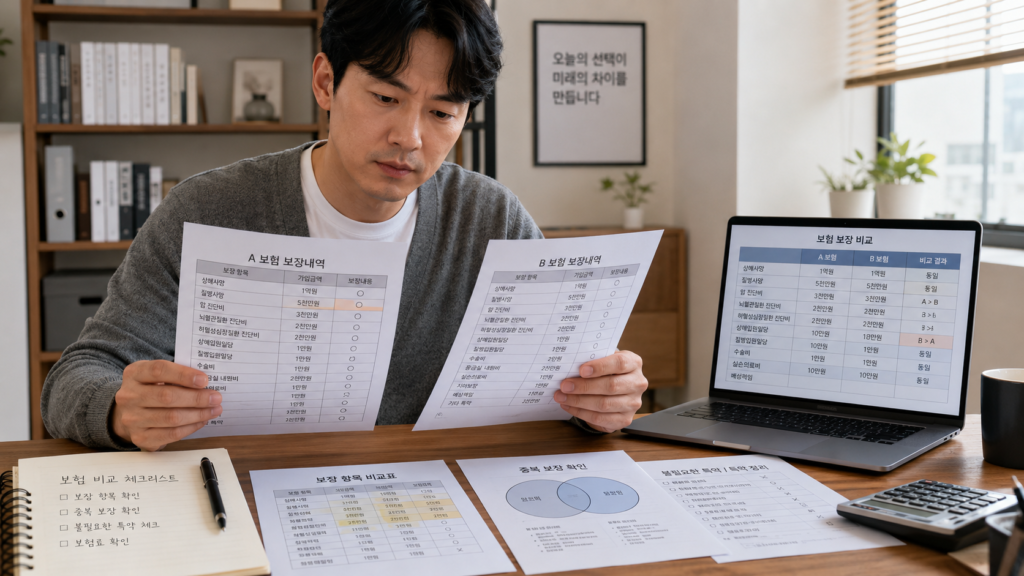중복 보장과 불필요한 특약을 비교하는 한국인 남성