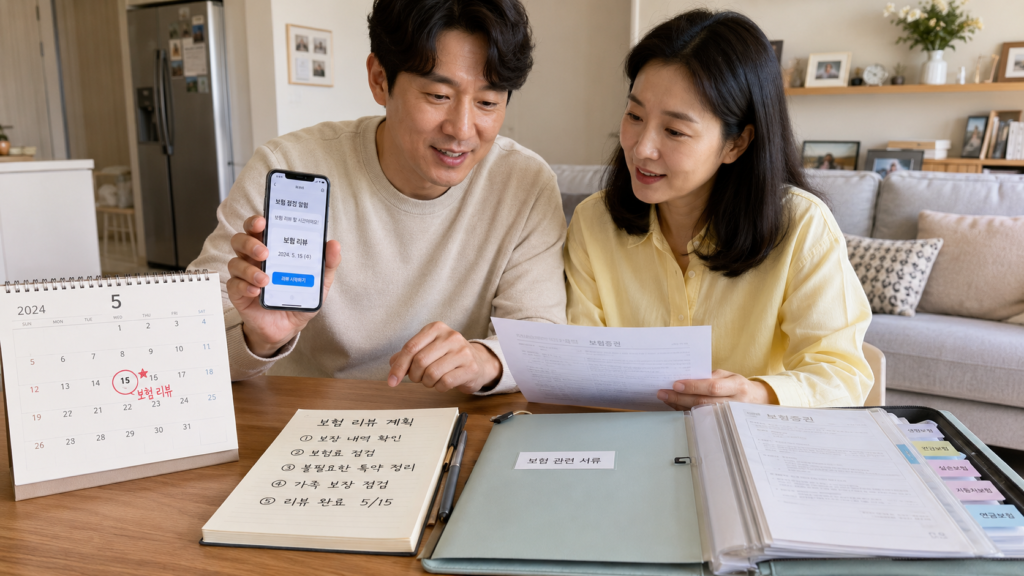 정기적인 보험 점검 계획을 세우는 한국인 부부