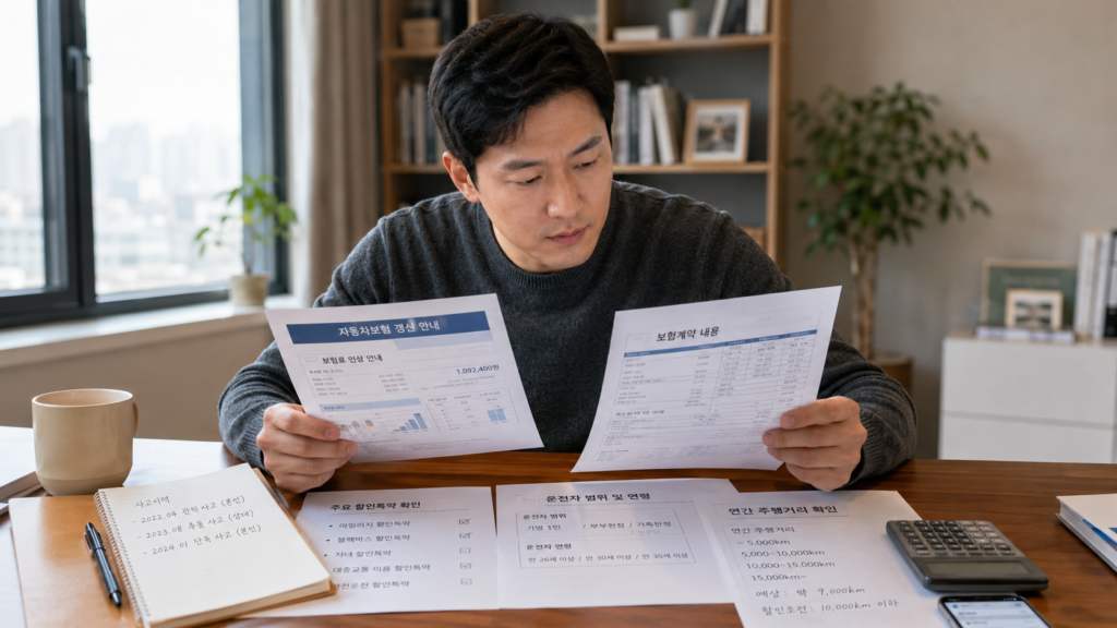 자동차보험 갱신 전 사고 이력과 특약 조건을 점검하는 한국인 남성