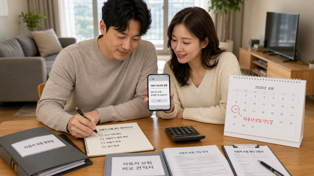 자동차보험 갱신 체크리스트와 일정 알림을 확인하는 한국인 부부