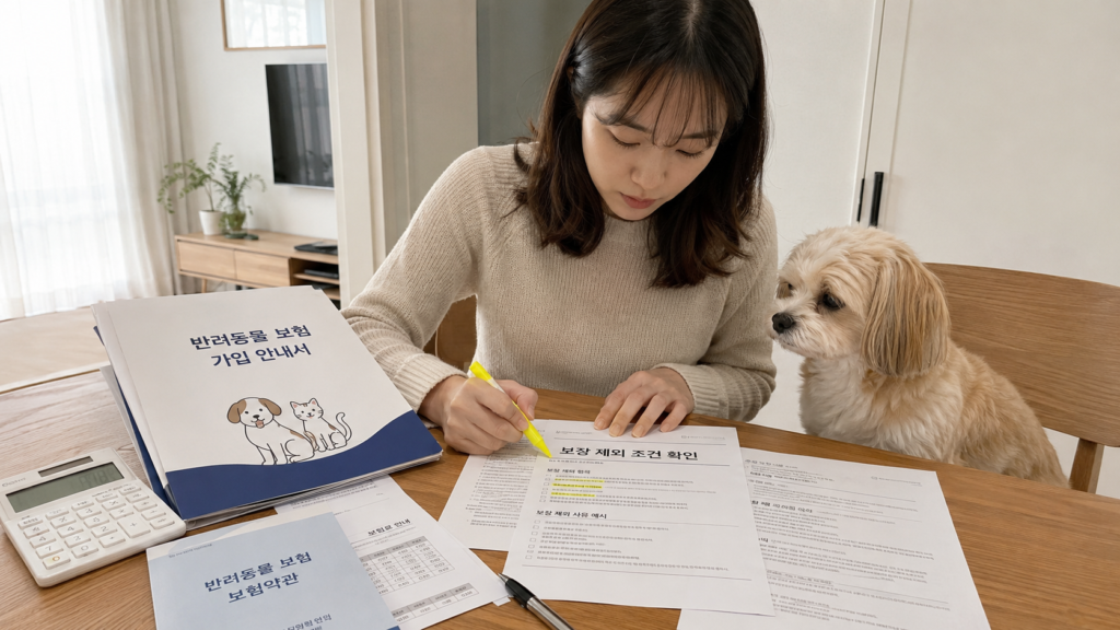 한국인 반려견 보호자가 펫보험 약관 문서에서 보장 제외 조건을 형광펜으로 확인하는 모습