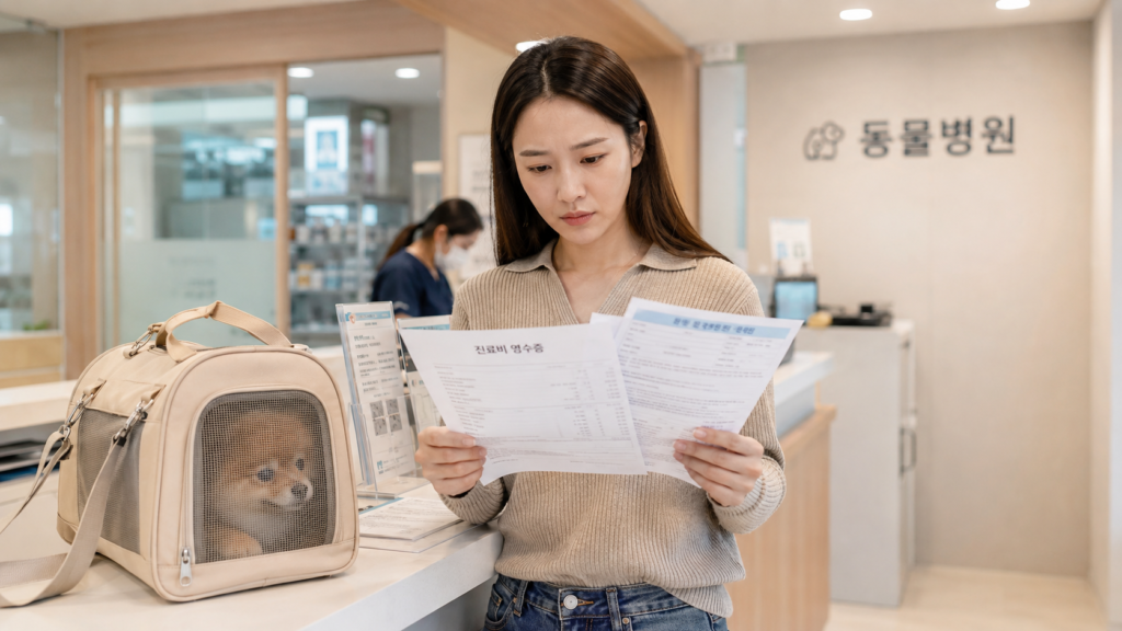 서울 동물병원 접수대에서 한국인 보호자가 진료비 영수증과 펫보험 서류를 비교하는 모습
