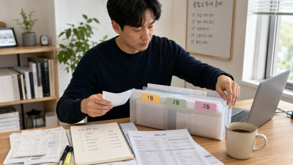 한국인 프리랜서가 월별 폴더로 종합소득세 증빙자료를 분류하는 모습