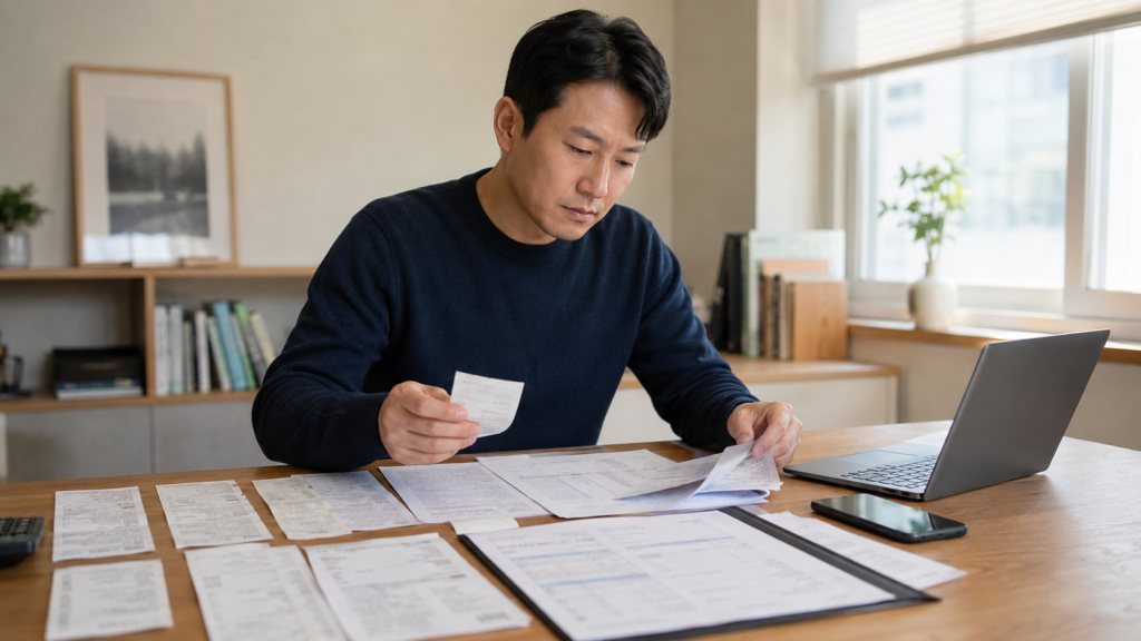 개인사업자 카드 사용내역, 어디까지 비용처리 될까? 헷갈리는 기준 쉽게 정리 3 한국인 개인사업자가 영수증과 업무 관련 서류를 보며 비용처리 가능 항목을 확인하는 모습