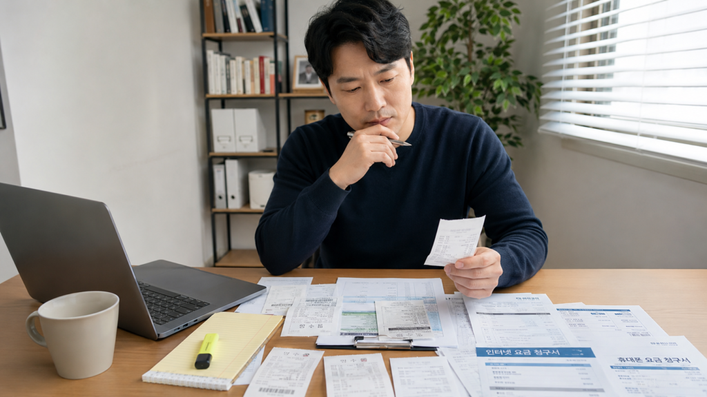 개인사업자 카드 사용내역, 어디까지 비용처리 될까? 헷갈리는 기준 쉽게 정리 4 한국인 개인사업자가 카드 영수증과 통신비 청구서를 비교하며 비용처리 가능 여부를 고민하는 모습
