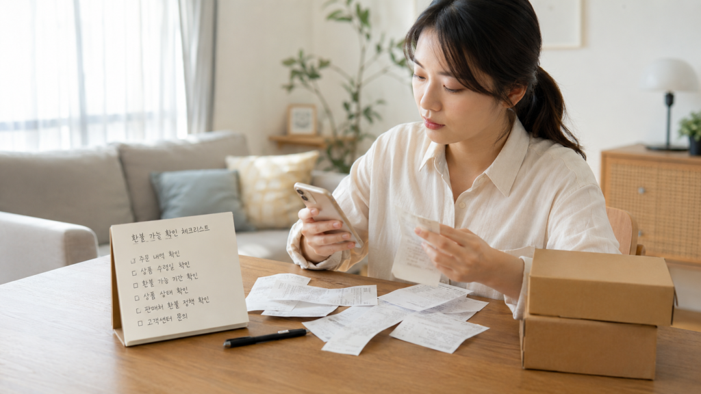 스마트폰과 영수증을 보며 환불 가능 여부 체크리스트를 확인하는 한국인 여성 소비자