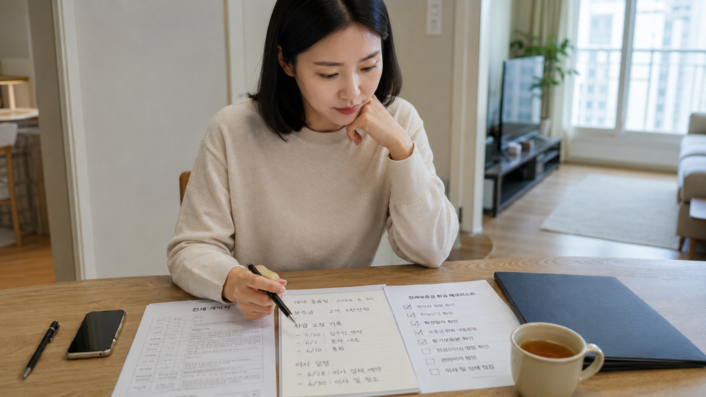 전세계약서와 체크리스트를 보며 전세보증금 반환 준비 사항을 확인하는 한국인 여성 세입자