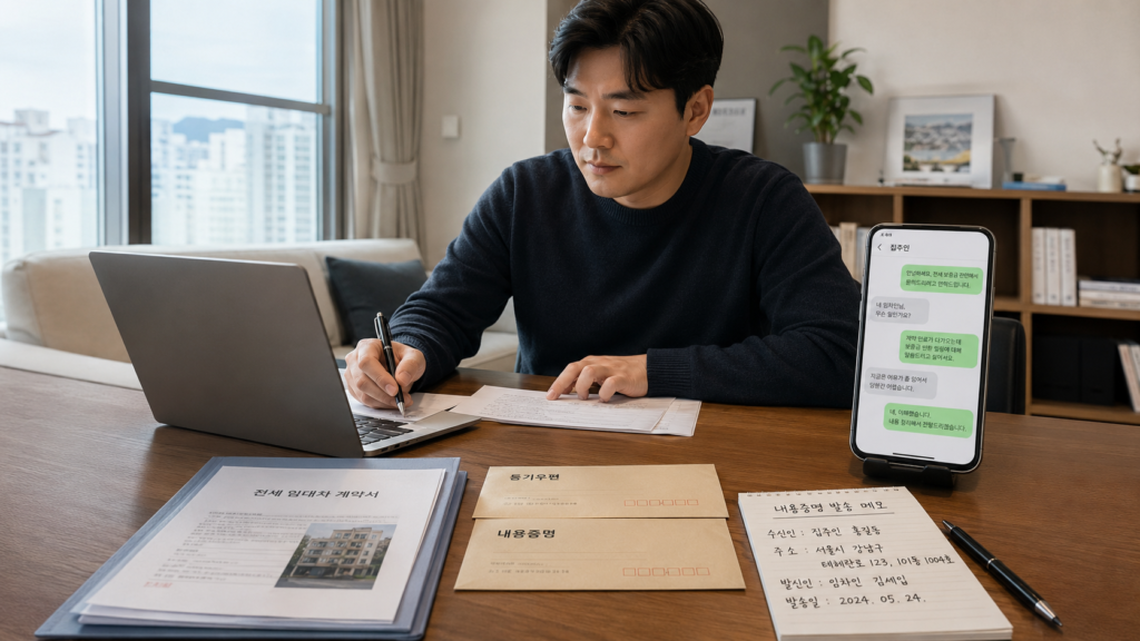 내용증명 문안을 확인하며 집주인 문자 기록과 전세계약 서류를 정리하는 한국인 남성 세입자