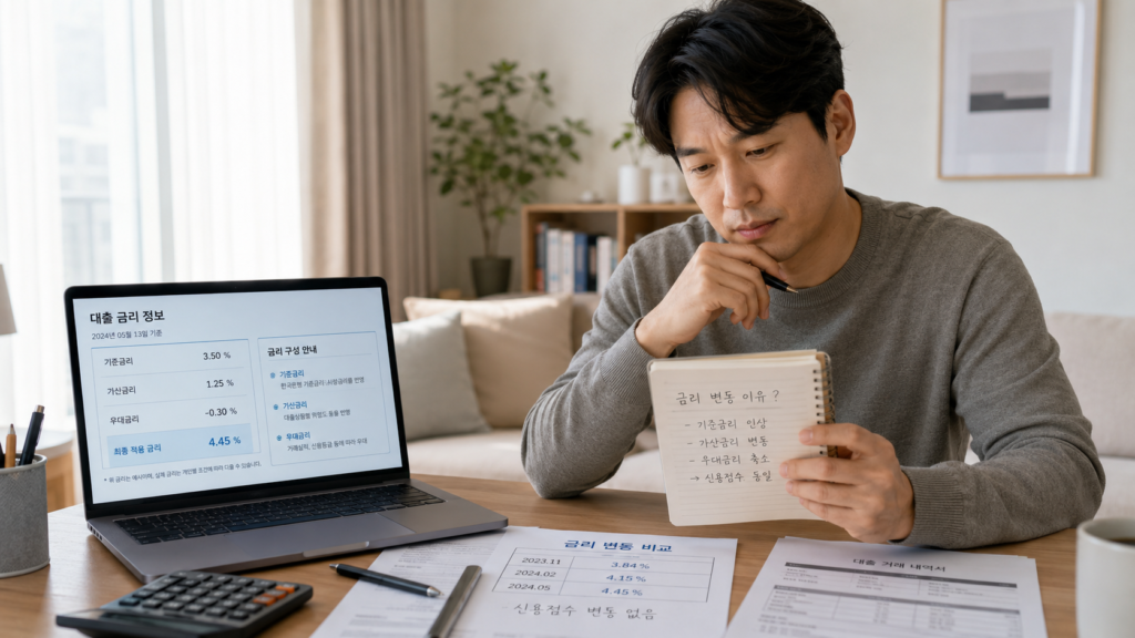 신용점수는 그대로인데 대출금리가 오른 이유, 생각보다 단순합니다 2 대출금리와 기준금리 가산금리를 비교하며 금리 변동 이유를 확인하는 한국인 직장인