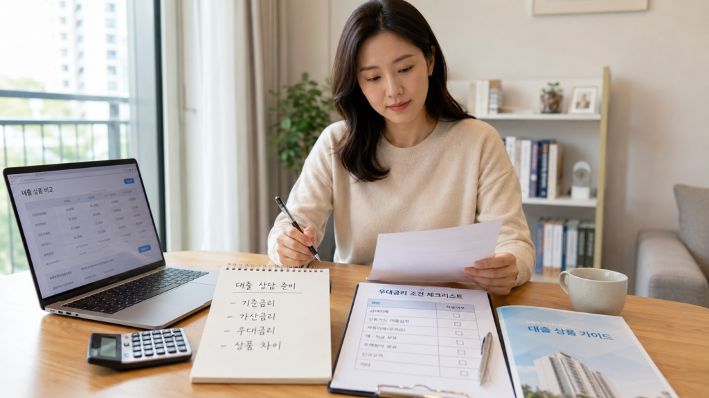 신용점수는 그대로인데 대출금리가 오른 이유, 생각보다 단순합니다 4 대출 상담 전 우대금리 조건과 금리 비교 체크리스트를 정리하는 한국인 여성 직장인