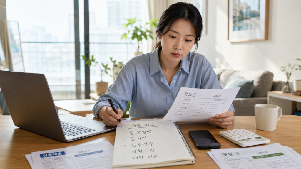 카드론과 대출 대안을 비교하며 월 상환액과 총이자를 확인하는 한국인 직장인