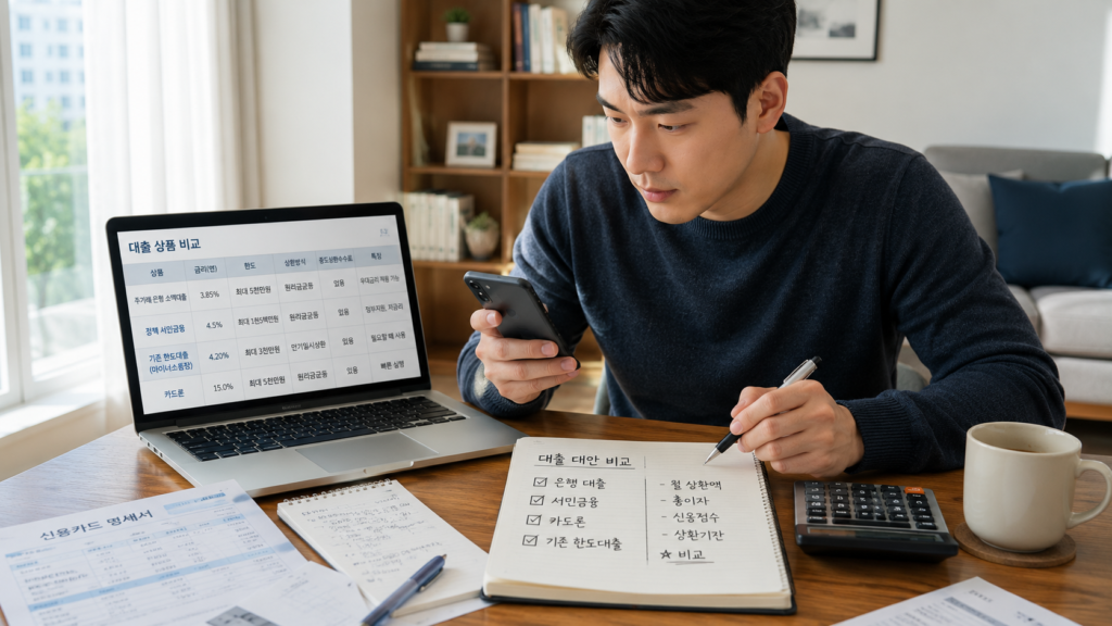 주거래은행 소액대출과 정책서민금융 등 카드론 대안을 비교하는 한국인 남성