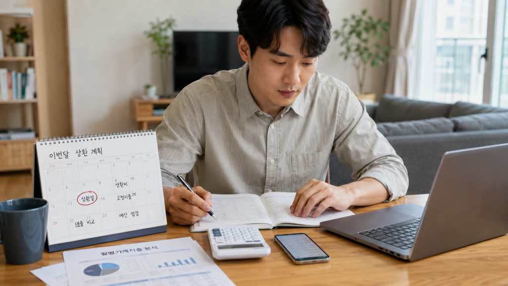 월 상환 계획과 생활비 예산을 점검하며 대출 비교를 하는 한국인 직장인