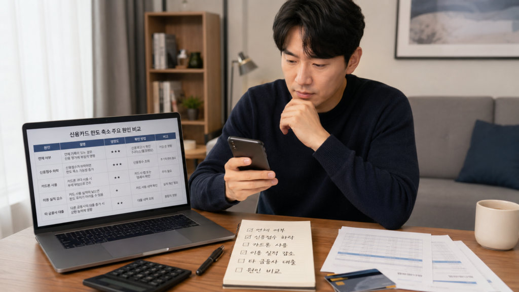 연체 여부와 신용점수 하락 등 신용카드 한도 감소 원인을 비교하는 한국인 직장인