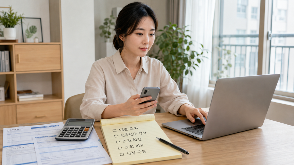 대출 조회 결과와 신용점수 영향을 확인하는 한국인 여성 직장인